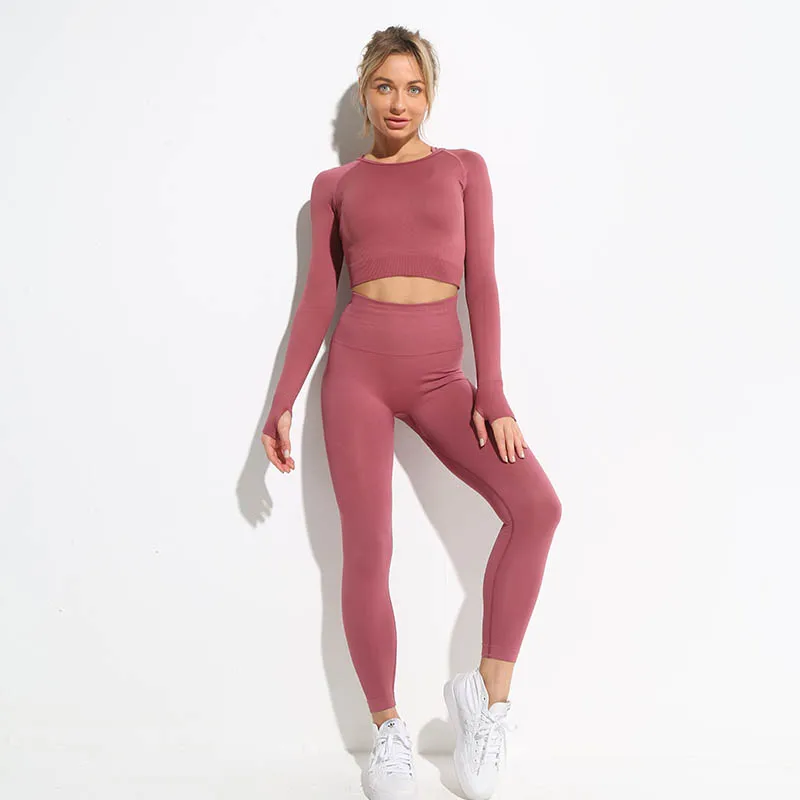 

New Women's Long Sleeve Top Gym Leggings Running Tights Sportswear Tracksuit Sports Suit For Fitness Clothing Seamless Yoga Set