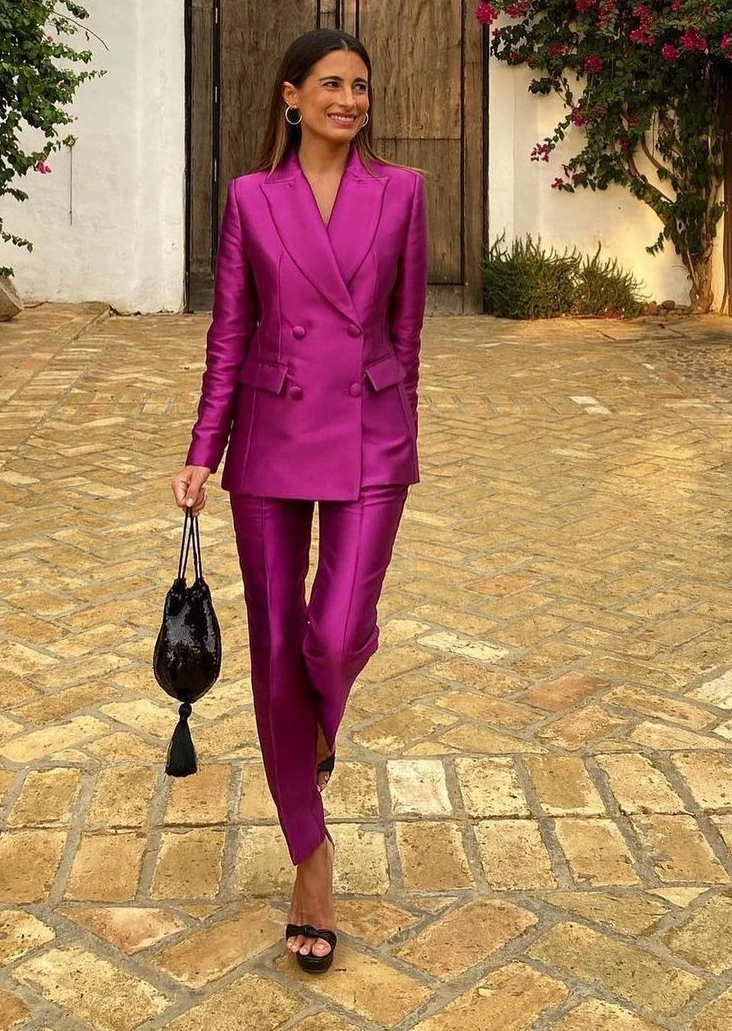 Classic Purple Women Blazer Suits Double Breasted Peaked Lapel Slim Fit 2 Pieces Pants Set Office Lady Casual Custom Made