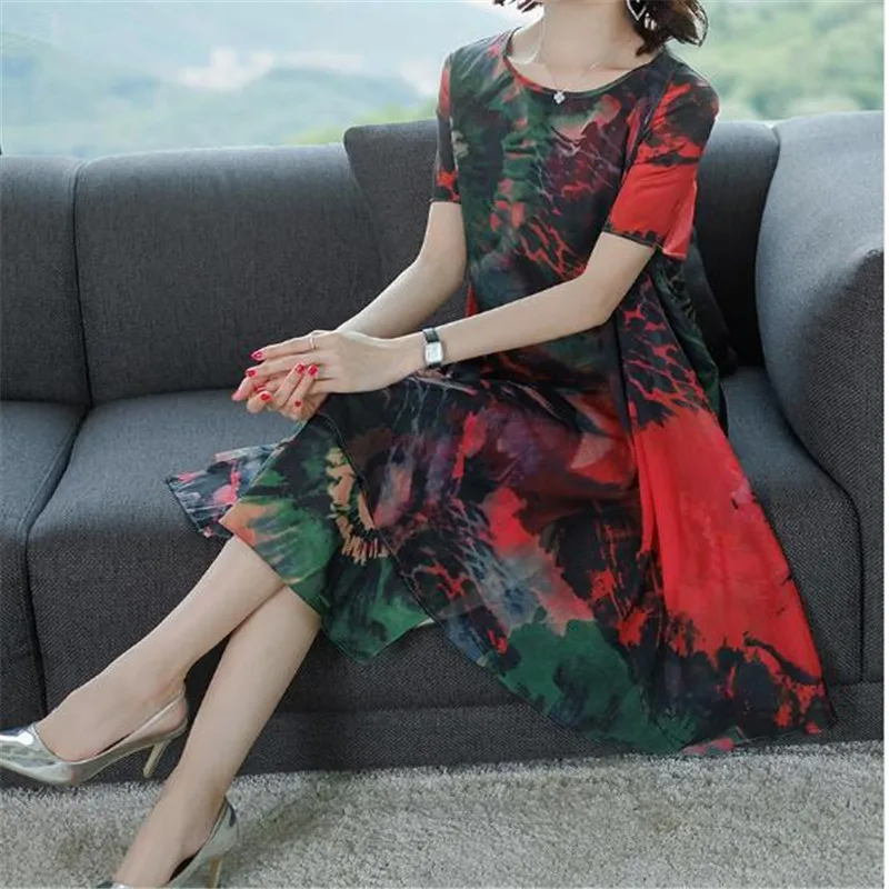 silkworm chiffon dresses 2020 summer new middle old age mother large size women printed short sleeve dress