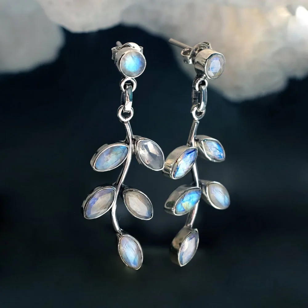 Classic Flower Leaf Stud Earrings with Opal Natural Stone Long Earrings for Women Jewelry Hanging Earring