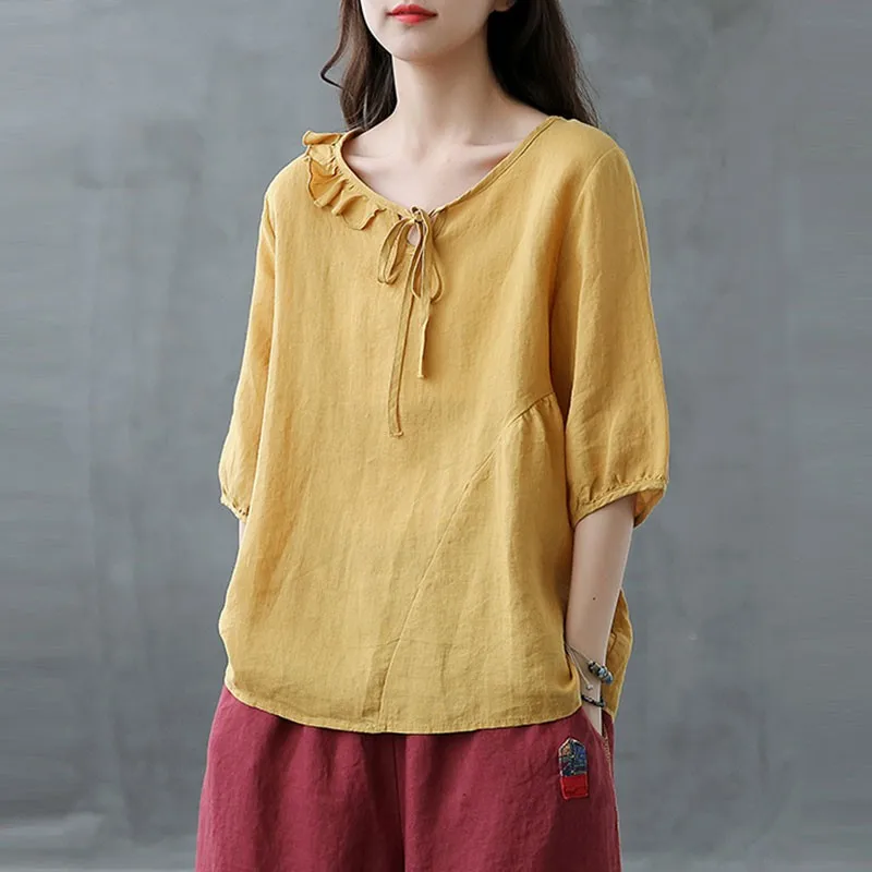 Women Cotton Linen Casual T-shirts New Arrival 2021 Summer Vintage Style O-neck Ruffles Loose Female Half Sleeve Tops Tees S3734