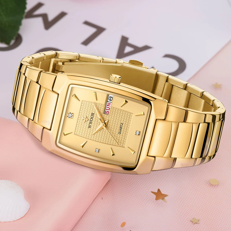 Wwoor Vrouwen Horloge Rechthoek Dial Gold Roestvrij Staal Horloges Fashion Quartz Voor Vrouwen Dames Waterdicht Relogio Feminino