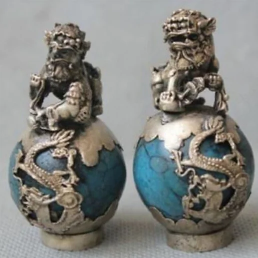 

Old Tibet Silver Hand Carved Green jade Dragon Phoenix Ball Lion Statue Pair