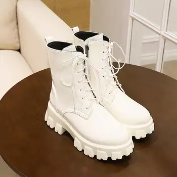 女士漆皮厚底靴品牌踝靴時尚高跟靴女士秋冬保暖厚底靴黑色紅色 8 最佳銷售 紅色短靴 - №5