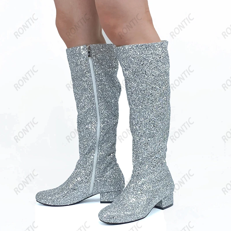 Rontic Handmade Women Winter Knee Boots Glitter Side Zipper Flat With Heels Round Toe Gorgoeus Silver Dress Shoes US Size 5-20