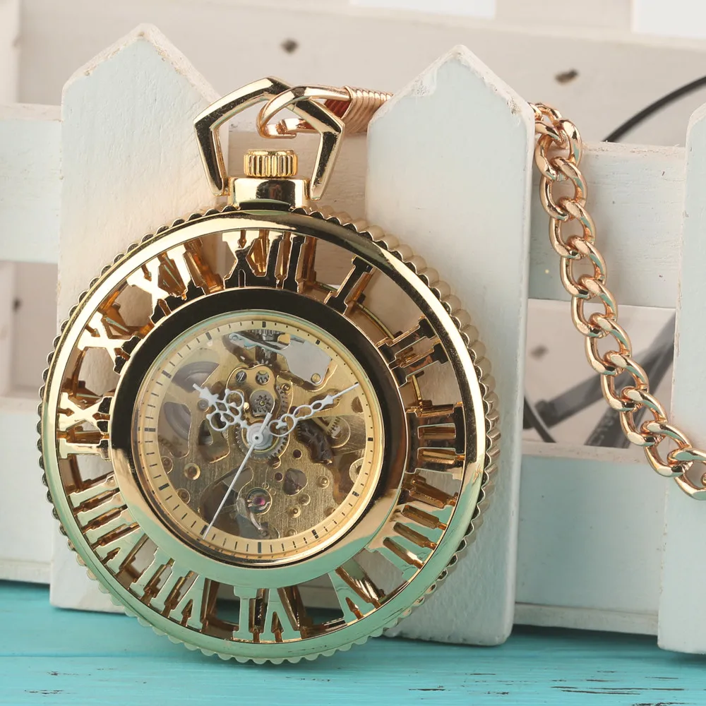 Golden Roman Numerals Skeleton Mechanical Self-Winding Pocket Watch Transparent Glass Open Face Automatic Antique Timepiece