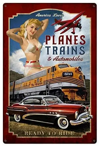 Maizeco Planes Trains Automobiles Pinup Girl Metal Tin Signs 8 x 12 Inch Plaque Poster Personalized Wall Decor Sign for Indoor