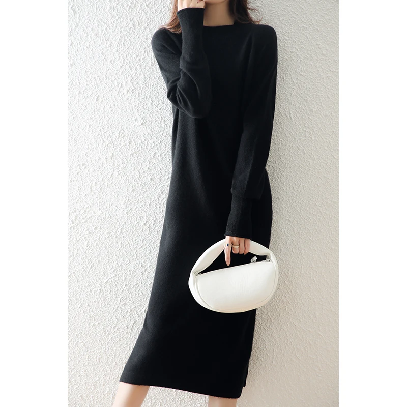 Fashion Women Sweater Dress O-neck 100% Wool Casual Solid Color Knitted Pullover Autumn Winter Female Loose Long-Style Dress