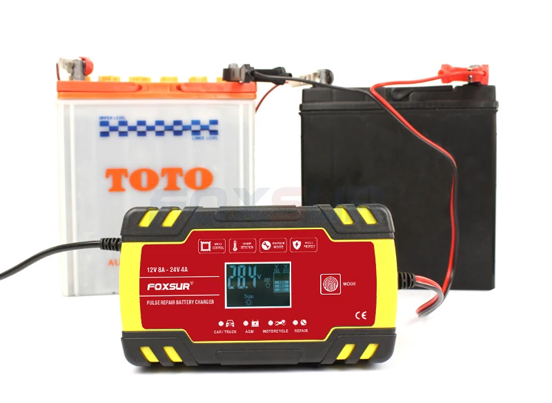 Foxsur 12v-24v 8a carro motocicleta carregador de reparação de pulso automático completo bateria-carregadores display lcd digital