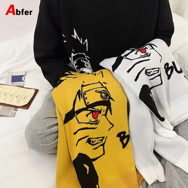 Abfe Japanese Anime Uzumaki Knitted Sweater Men Oversized Crewneck Pullovers Women Hip Hop Winter Clothes Black Harajuku Sweater