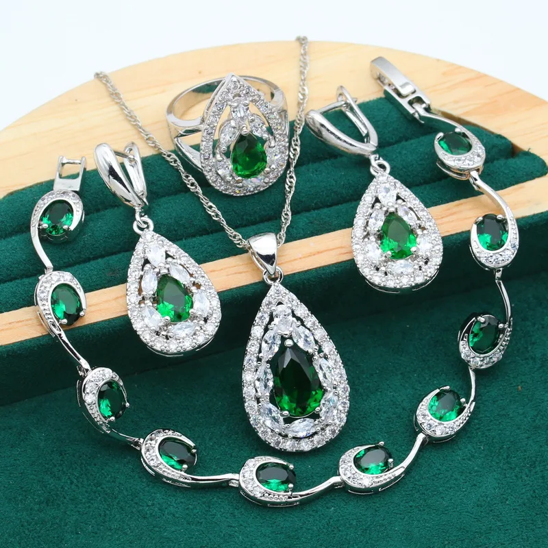 Wedding Green Black Zircon 925 Sterling Silver Jewelry Set for Women Bracelet Earrings Necklace Pendant Ring Birthday Gift 4PCS