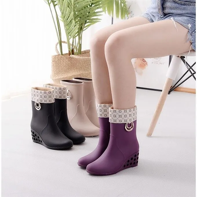 Women\'s Short Water Shoes Rain Boots High-heeled Rubber Shoes Set Shoes Water Boots Non-slip Waterproof Wedges Rain Boots