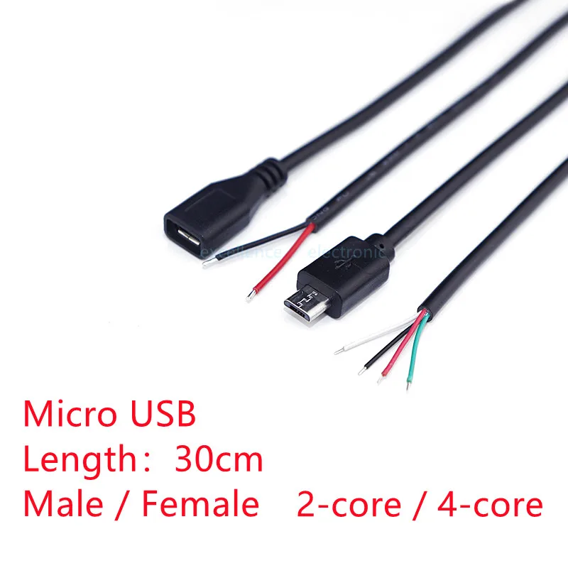 1pcs Micro USB 2.0 Female Jack Android Interface 4 Core 2 Core Male Female Power Data Charge Cable Cord Connector 30CM Cable