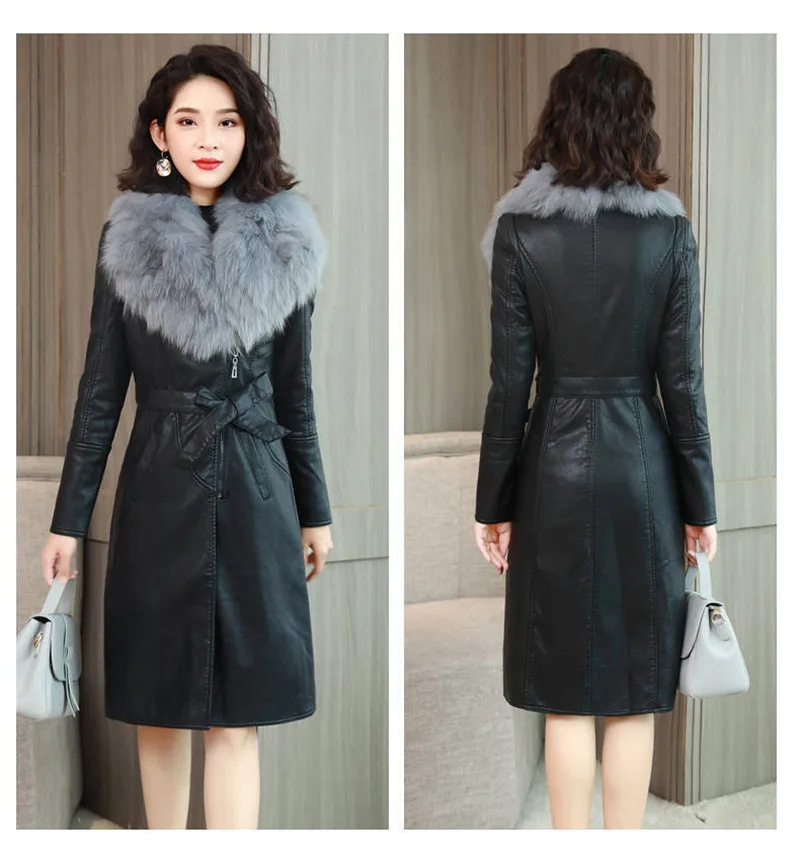 Big Fur Collar PU leather Jacket Autumn Winter Velvet Thicken Soft Faux PU leather Coat Women Korean Long Overcoat 4XL 2356