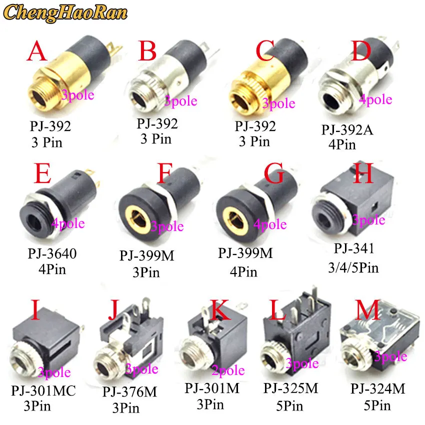 ChengHaoRan 1PCS 3.5MM PJ-392 A 3640 399 341 342M 301 Stereo Female Socket Jack With Screw 3.5 Audio Video Headphone Connector