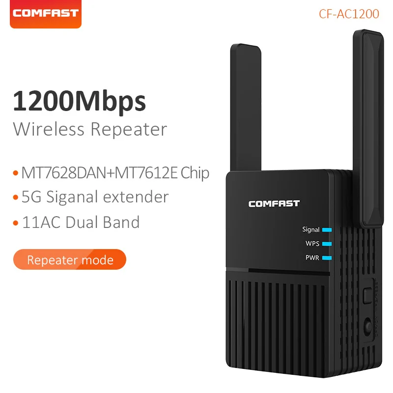 COMFAST-Repetidor de Roteador WiFi, 1200Mbps Amplificador, 2.4G, 5.8G Network Signal Booster, Extensor, Substituição, Wi Fi, 2 Antena, Casa,