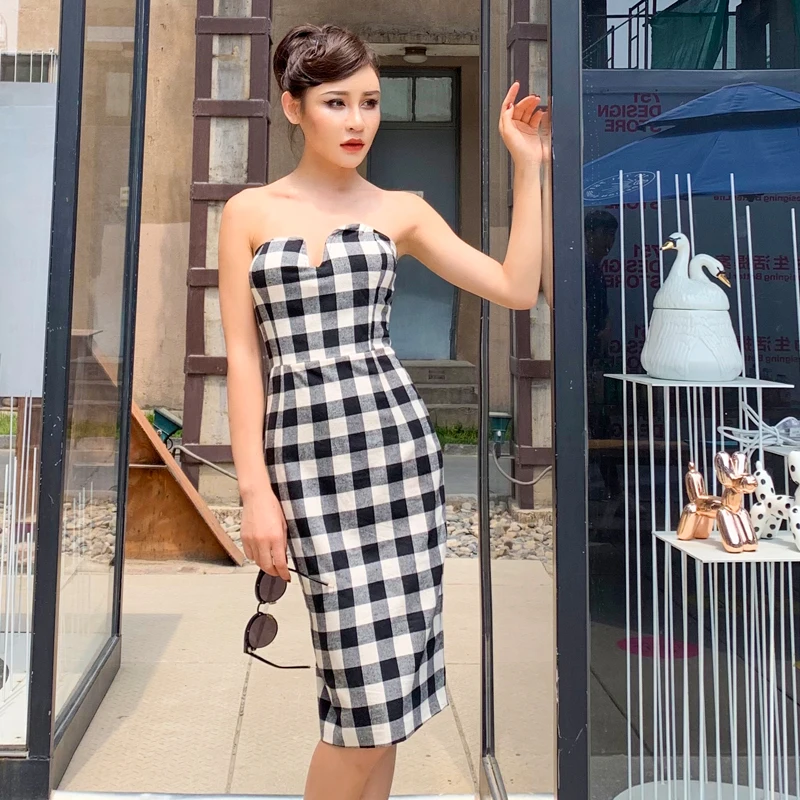 

Elegant Vintage High Waist Skinny Sexy Off Shoulder Black/White England Plaid Tube Top Dress Women Retro Dress Party Vestidos