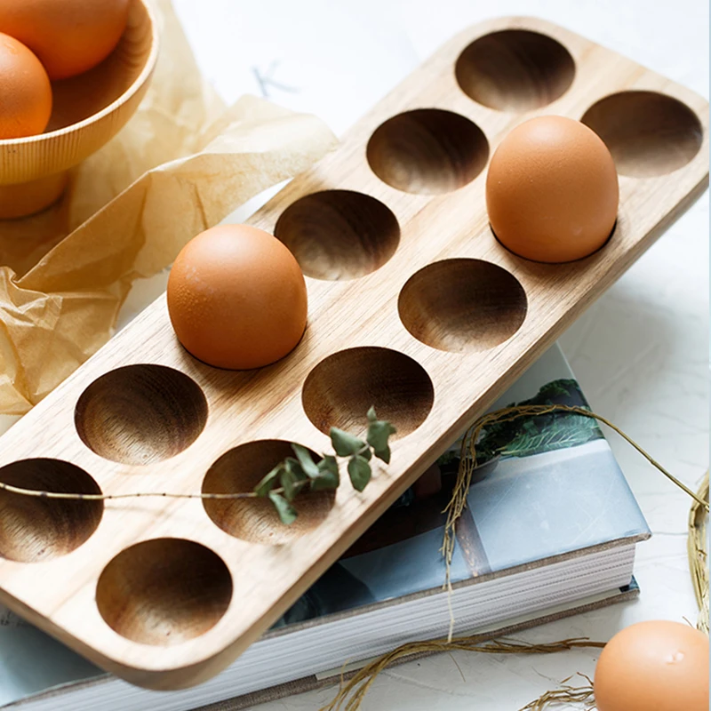 Japanese Style Wooden Double Row Egg Storage Box Home Organizer Rack Eggs Refrigerator Holder Kitchen Fresh Keeping Accessories