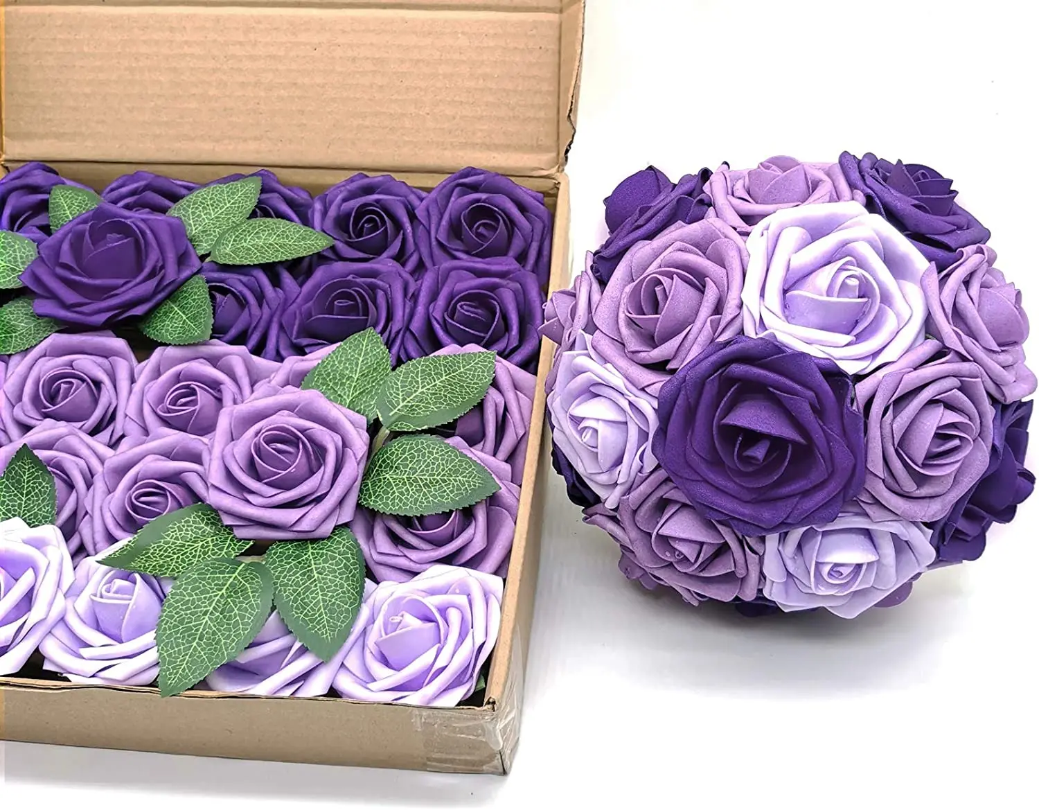Mefier Home Artificial Flowers 25PCS Real Looking Ombre Colors Purple Fake Roses with Stem for DIY Wedding Party Home Decoration