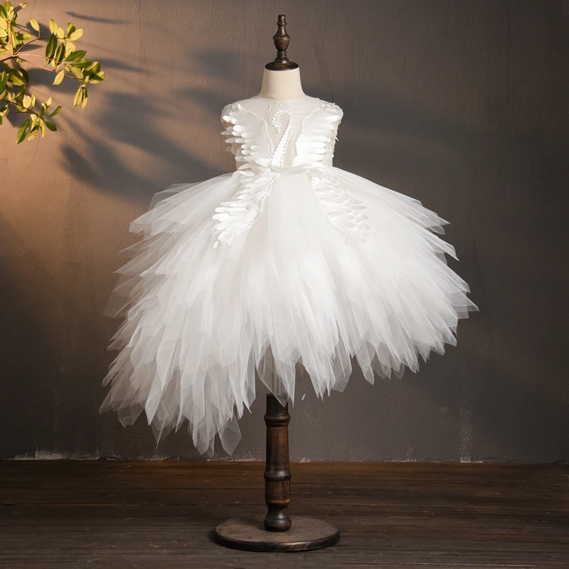 Elegant Swan Crystal Tulle Flower Girl Dress for Wedding Kids Pageant Evening Gown Birthday Party Feather Lace Princess Dresses