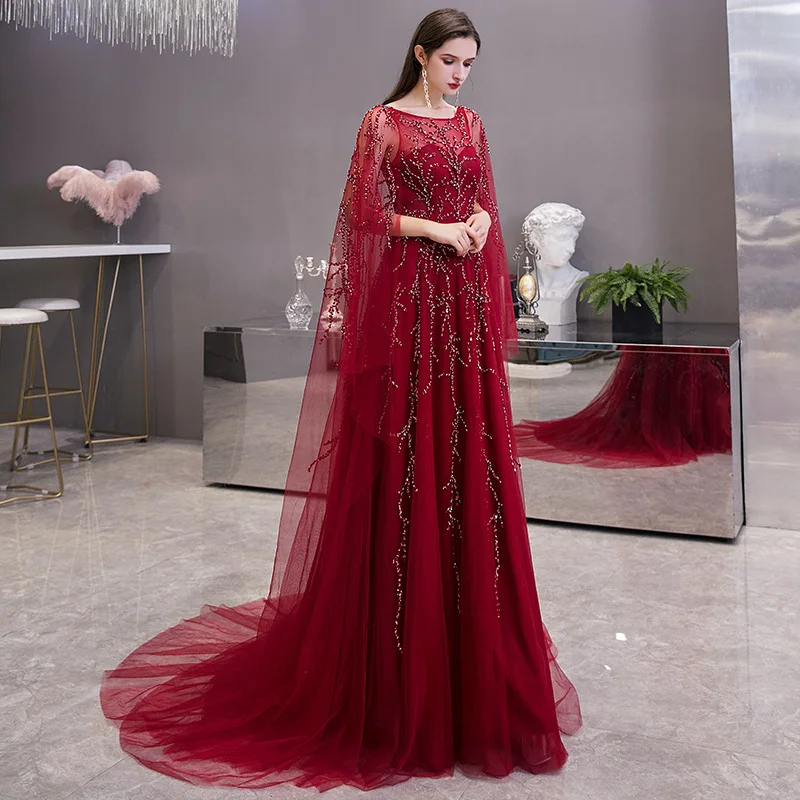 2020 neue Mode Wein Roten Abendkleid Kleider Lange Jewel Kragen EINE Linie Abendkleid Sexy V Zurück robe de soiree