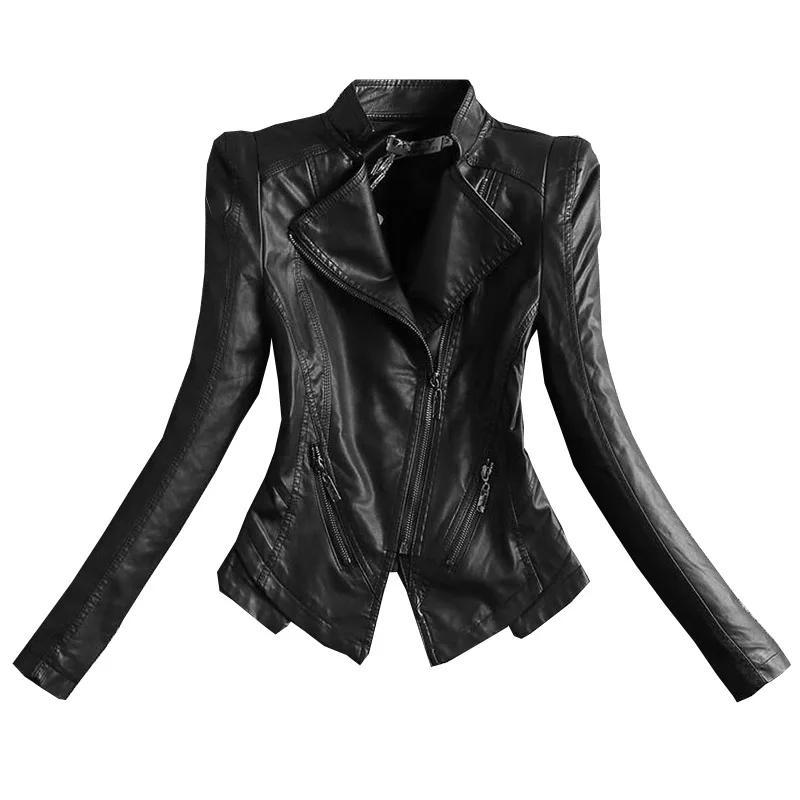 2024 New Women\'s Jacket Fashion Black Motorcycle Leather Jacket Women Zippers Basic Coat Biker Leather Coat 4XL C-2