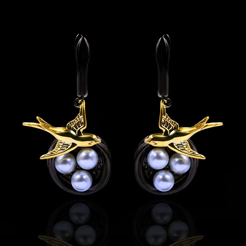 Retro czarny złoty kreatywny ptak Sparrow sroka oddział Pearl Dangle kolczyki wiszące 925 Sterling Silver biżuteria dla zwierząt dla kobiet
