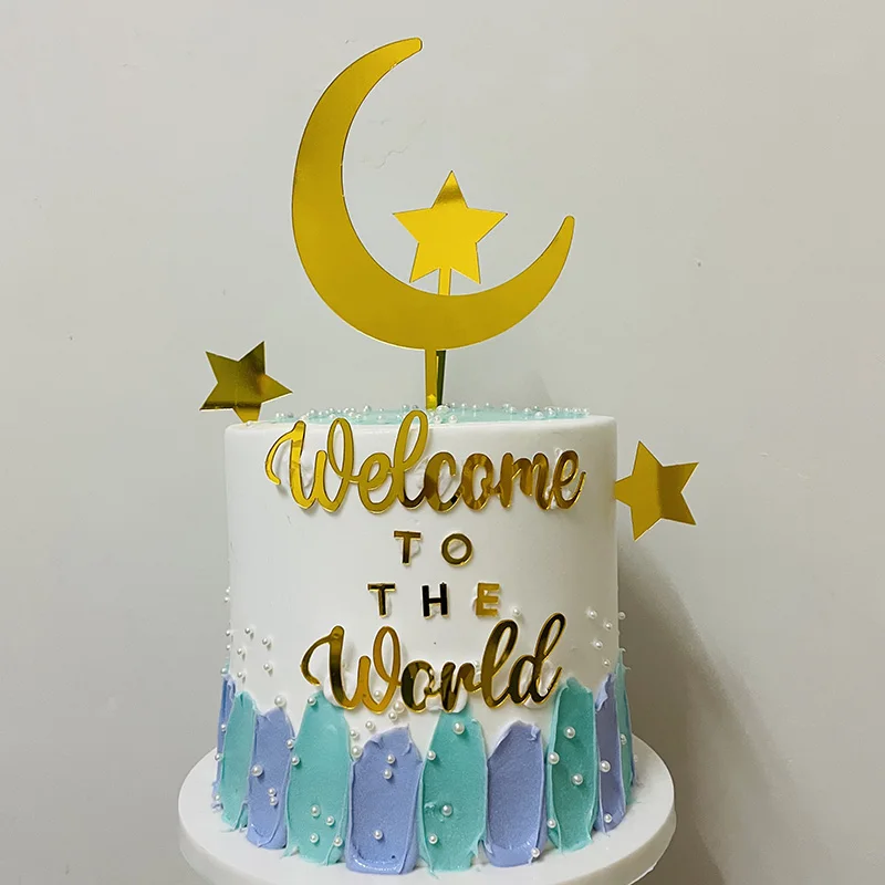 New Acrylic Birthday Cake Topper Golden Welcome To The Stars Moon Cake Toppers for Baby Birthday Party Cupcake Decorations