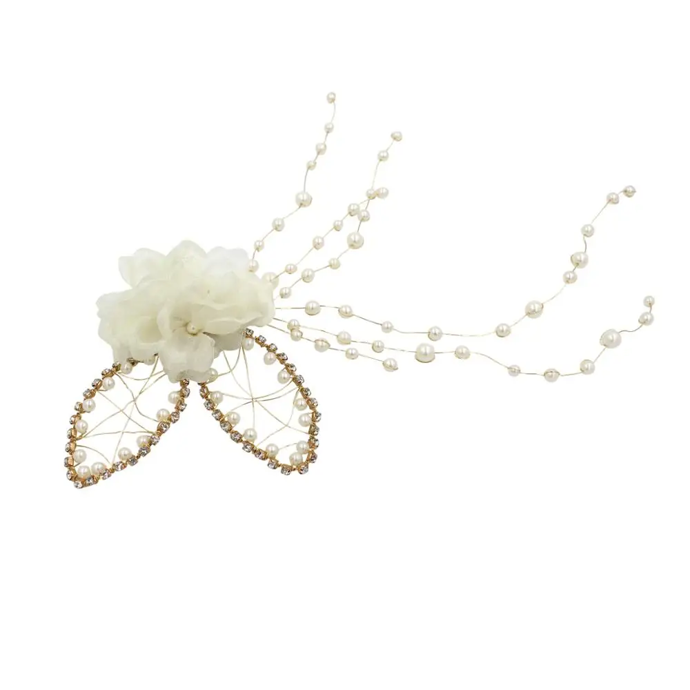 O553 Handmade Rabbit Ear Chains Style Pearl Bridal Hairpins For Side Wedding Fashion Hair Accessories With Chiffon Flowers