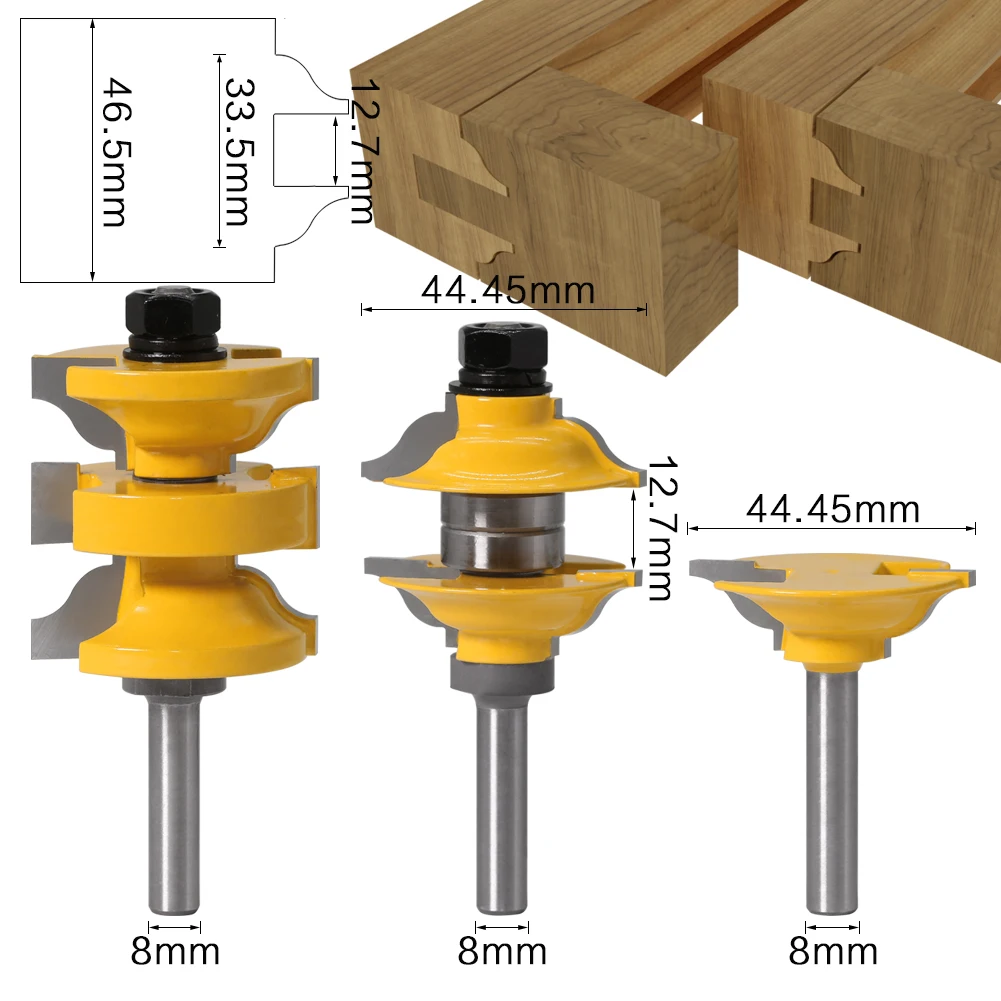 3pcs 8mm 12mm Shank Entry Interior Tenon Door Router Bit Set Ogee Matched R&S Router Bits Carving for Wood