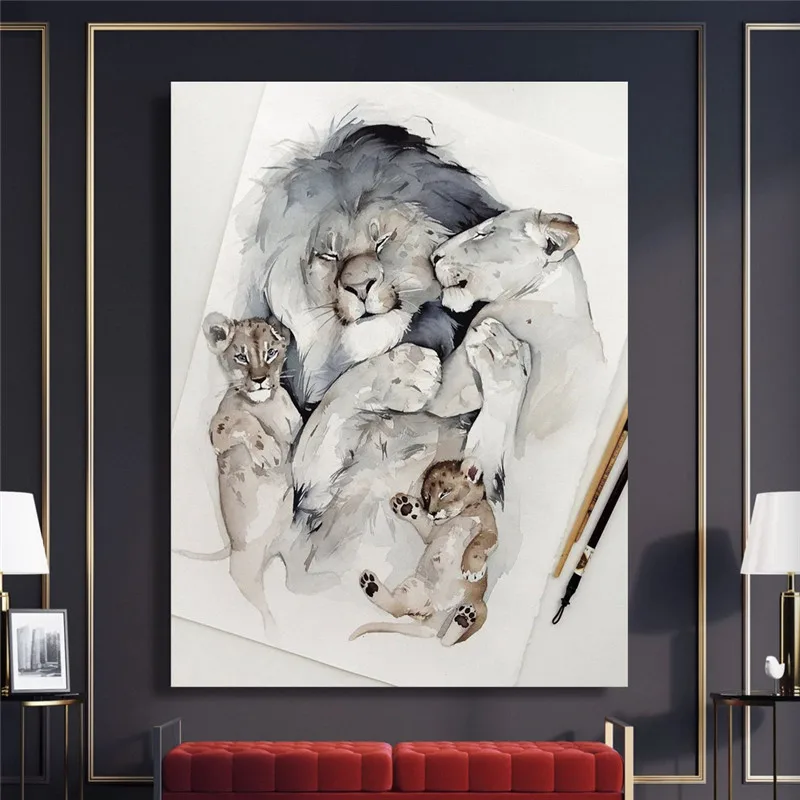 

Canvas Printed Wall Art Poster A Lovely Family Of Lions Paintings Modern Home Decor Modular Pictures No Frame For Living Room