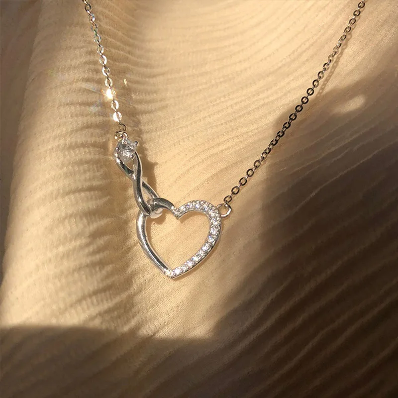 PANJBJ 925 Sterling Silver Women Zircon Endless Love Heart Necklace Fashion Clavicle Chain Fine Jewelry Engagement Gift