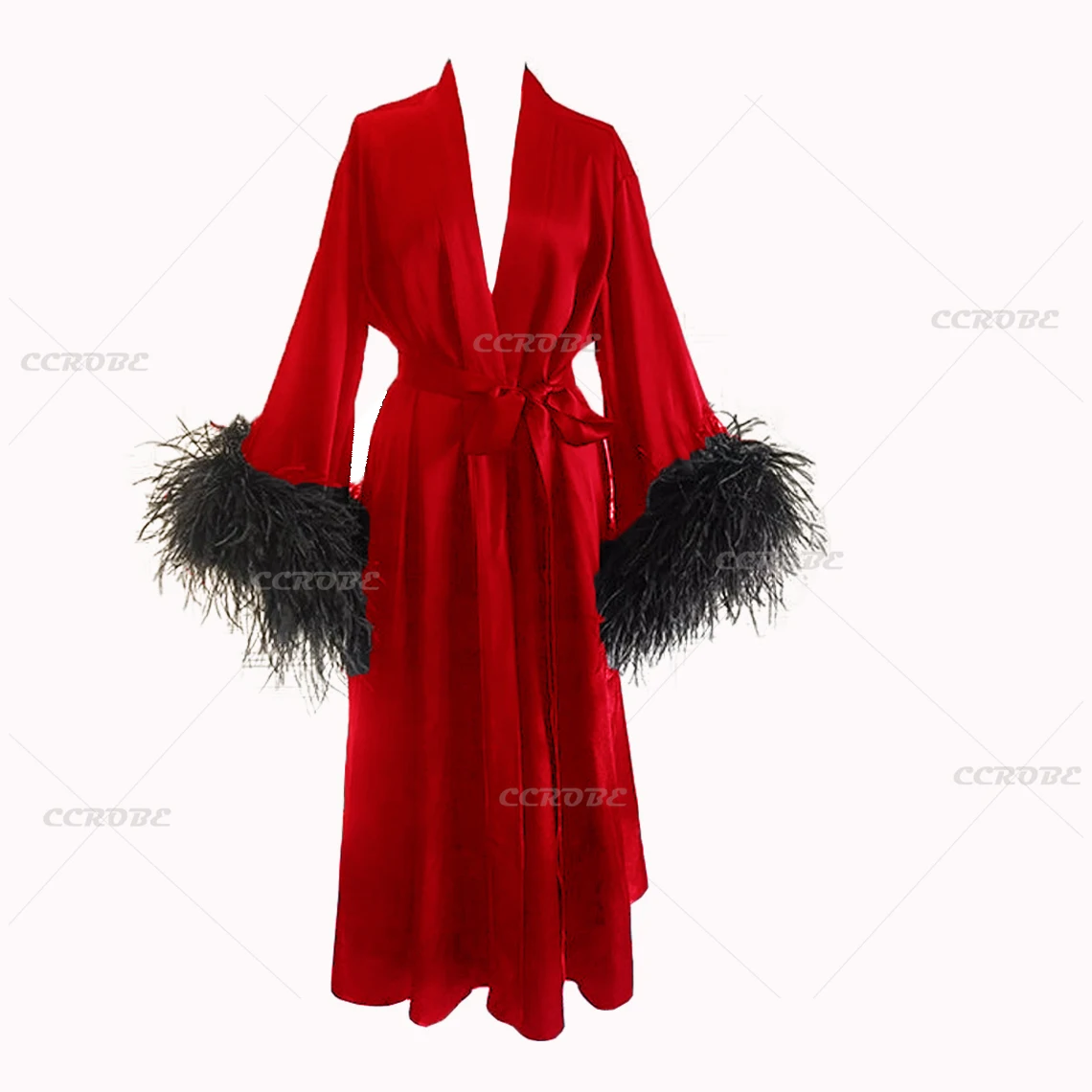 Ladies Black Satin Silk Robe with Ostrich Feathers Wedding Robes Bridal Sleepwear Dressing Gown Pregnancy Photoshoot Dress