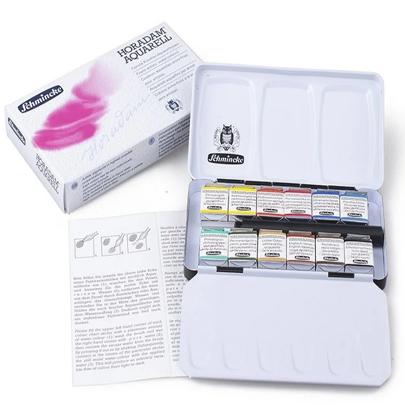 

Schmincke 12 Color x 1/2 Pans Professional Painter Watercolor Solid Paints With DaVinci No.5 Paint Brush Artists Watercolors Set