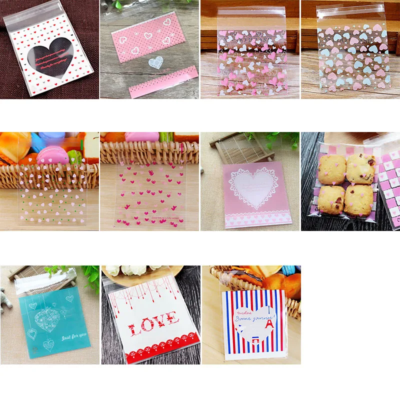 50/100pcs 10*10cm Love Cute Plastic Bags Self Adhesive Plastic Package Bag Wedding Birthday Party Favor Candy Gifts Wrapping Bag