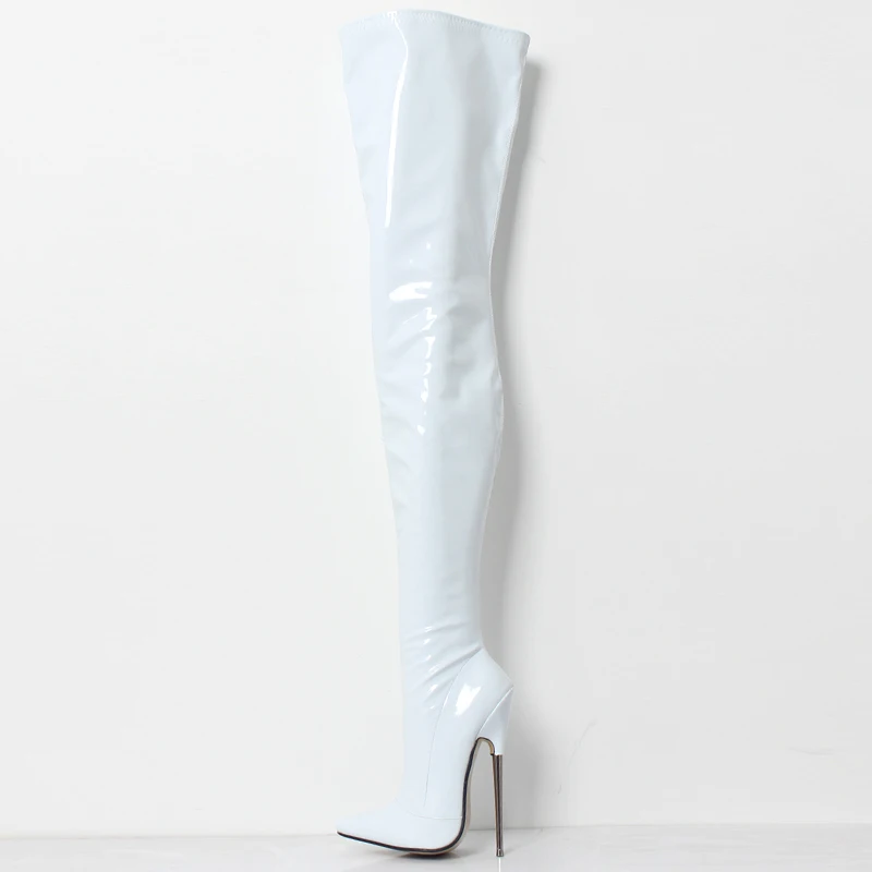 Women Over-the-knee Boots 18CM Super High Heel Pointed toe PU Leather Metal Heels Zip Sexy Fetish Crotch Long Boots Custom Made