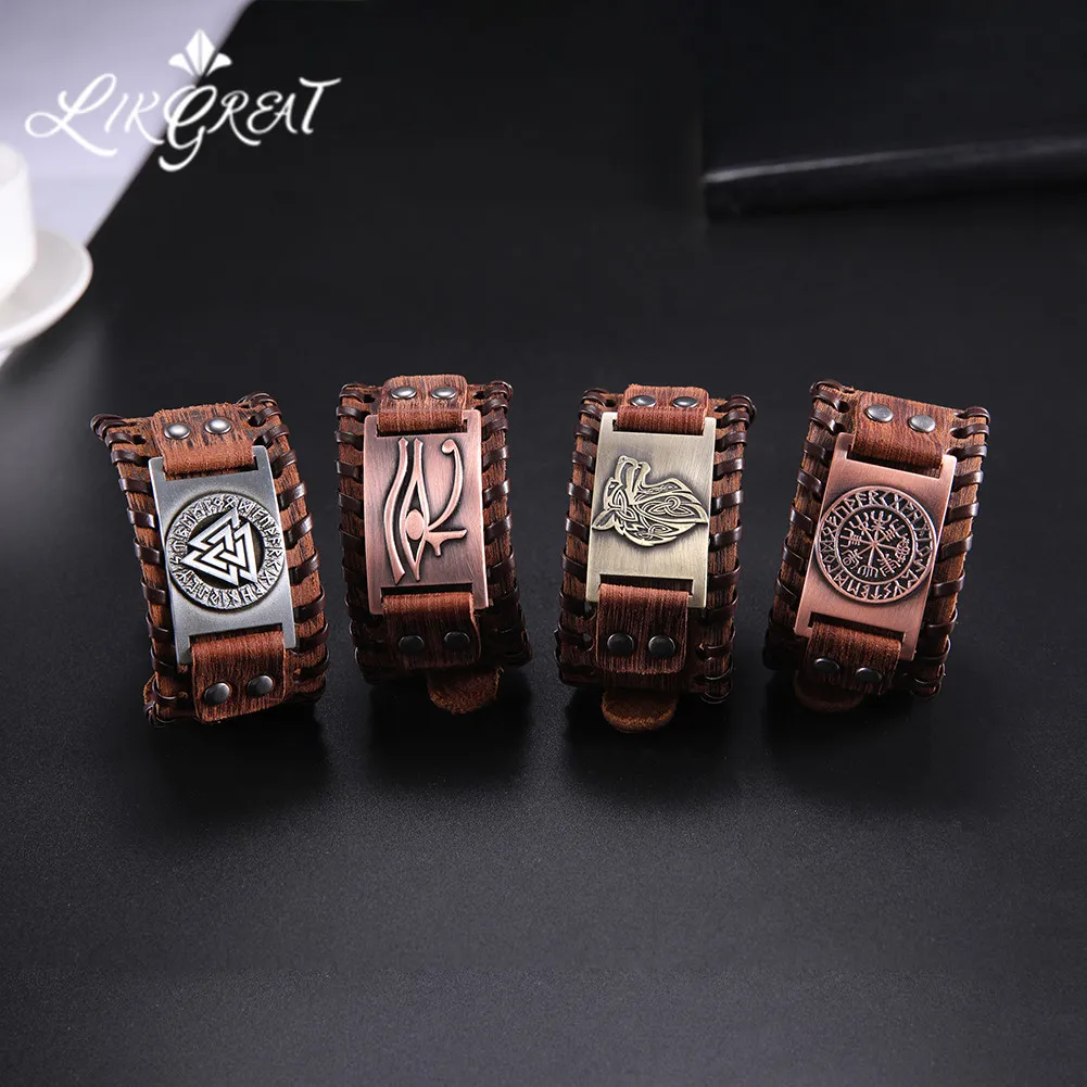 LIKGREAT Viking Wide Leather Bracelet Men Punk Braided Rope Wolf Alloy Cuff Bangle Eye of Horus Amulet Male Wristband Jewelry