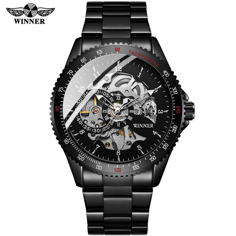 Drop shipping Men Automatic Mechanical Watch Winner Men Black Stainless Steel Watches Fashion Skeleton Steampunk Male Clocks