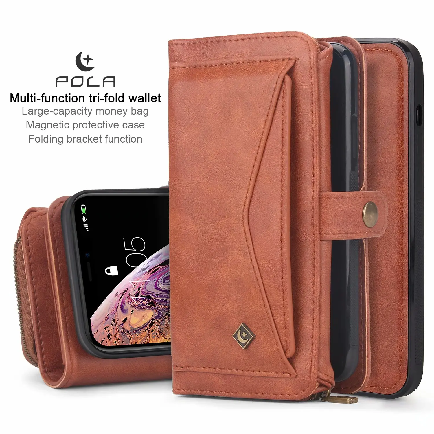 

POLA Multifunctional tri-fold Wallet Case For iphone 16 15 14 1312 11 Pro Max xs xr Card Pocket Magnetic Car BACK Case handbag