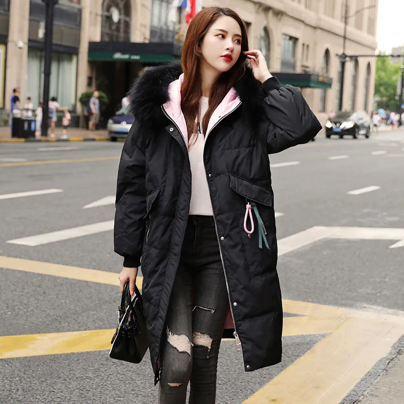 

women down coats 2019 autumn winter top brands black fur hooded Collar long loose thicker Jackets Female Wear Parkas Plus Size