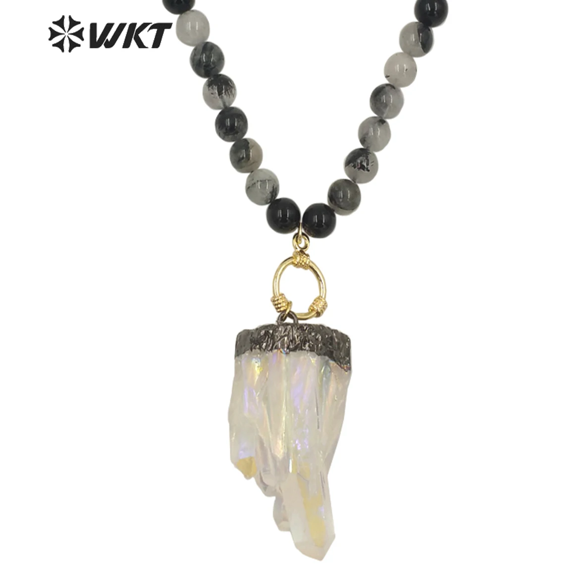 WT-N1279 Wholesale Black Gun Electroplated Aura Crystal Quartz Beads Necklace Amazing Spirit Raw Stone Decorative