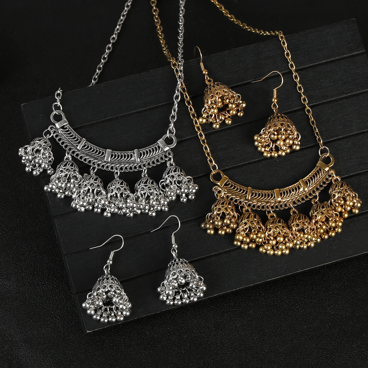 Fashion Indian Women Luxury Jewelry Set Charm Afghan Metal Small Bell Jhumka Earrings&Necklace Set Femmes Wedding Gift