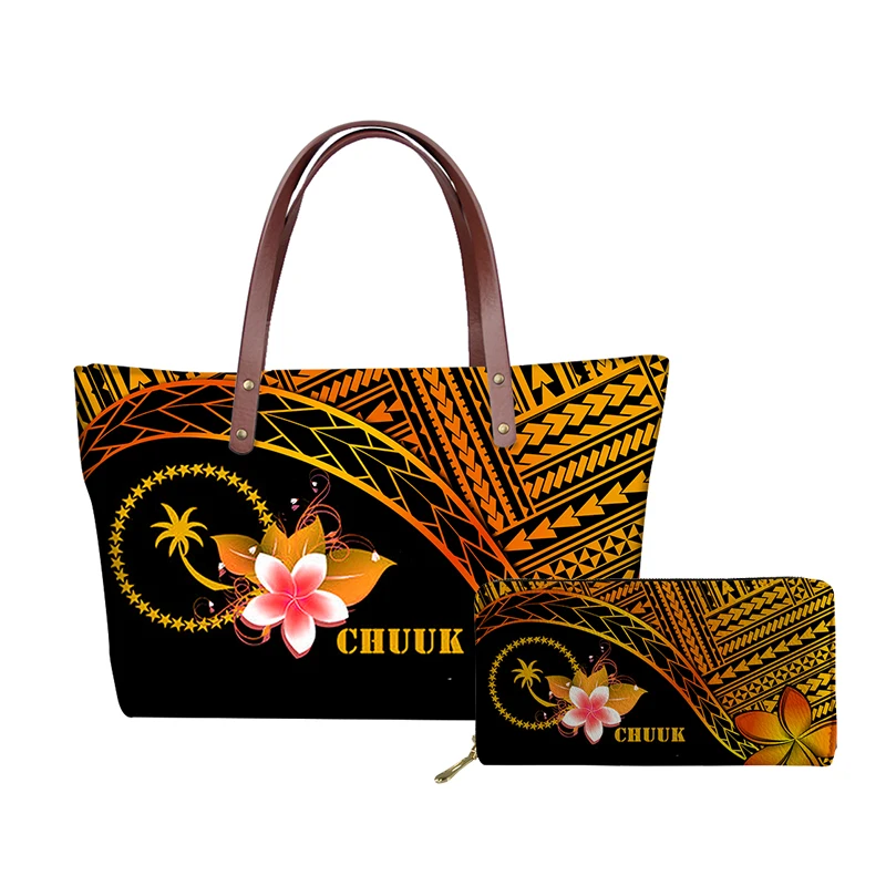 

Pohnpei Tribe Plumeria Pattern Totes and Purse 2pcs Set Luxury Zipper Handbags for Women Large Capacity Shoulder Bags sac a main