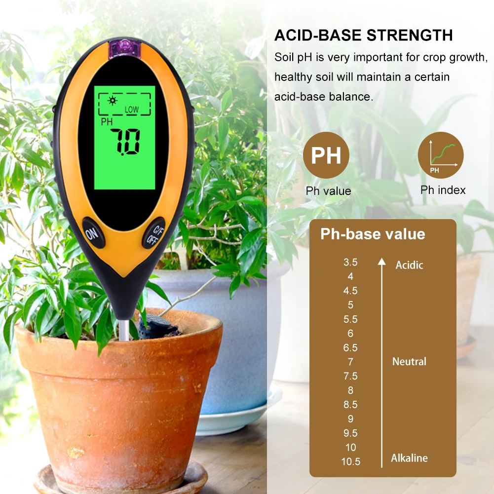 Yieryi-medidor Digital de PH del suelo 4 en 1, Monitor de humedad, probador de temperatura y luz solar para plantas de jardinería, cultivo con luz