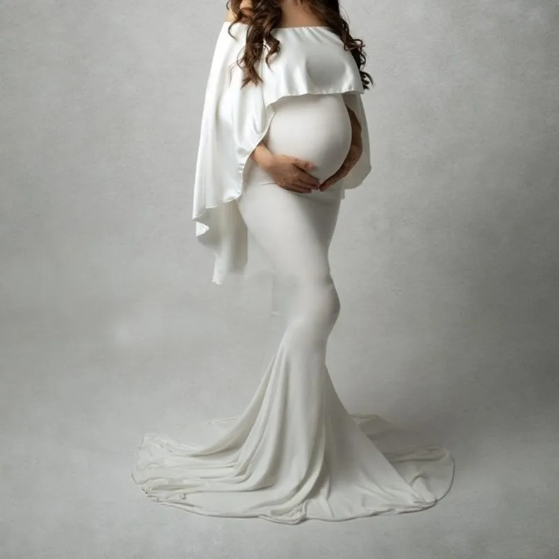 White Maxi Maternity Dresses for PhotoShoot Elegant Pregnant Women Long Maternity Clothes Photography Pregnancy Dress With Cloak