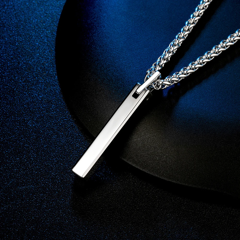 Black Blue Geometric Rectangle Pendant Necklace For Men Tungsten Steel Necklaces Anniversary Male Jewelry Gift 24Inch Chain