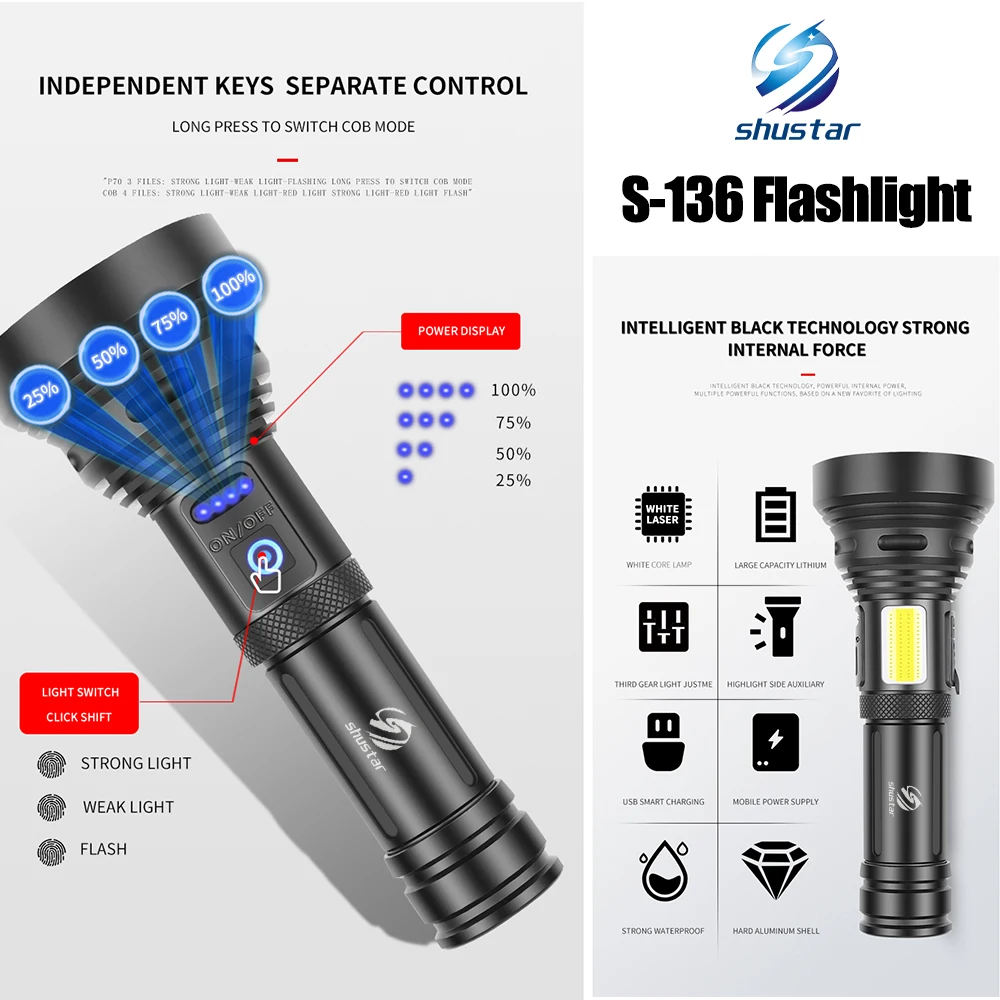 LED Flashlight with Lighting Distance Over 1500 Meters Use Large Convex Lens Waterproof Aluminum Alloy Searchlight