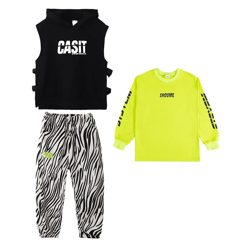 Kid Hip Hop Clothing Sweatshirt Sleeveless Hoodie Vest Zebra Streetwear Jogger Pants for Girls Boys Jazz Dance Costume Clothes