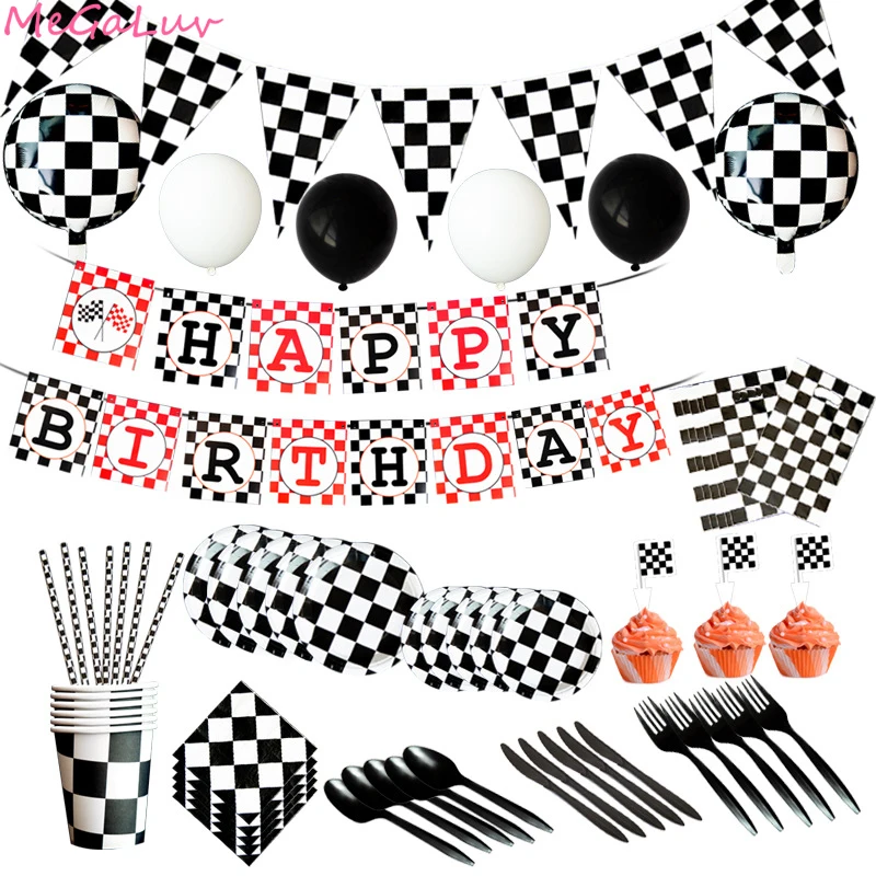 

Black White Plaid Theme Party Disposable Tableware Racing Cars Flag Party Chess Paper Plate Baby Shower Wedding Decorations