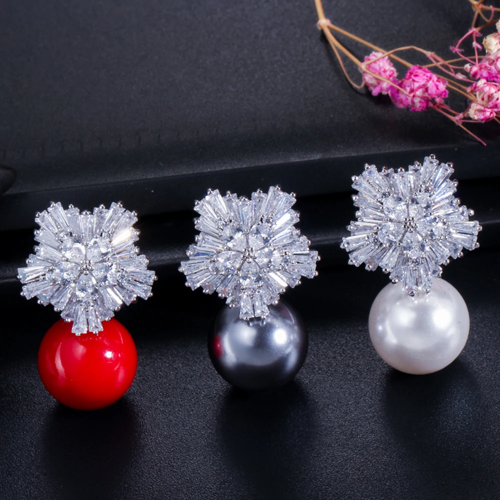 ThreeGraces Famous Designer Jewelry Sparkling Snow Flower Cubic Zirconia Crystal Setting Big Pearl Stud Earrings for Women E0006